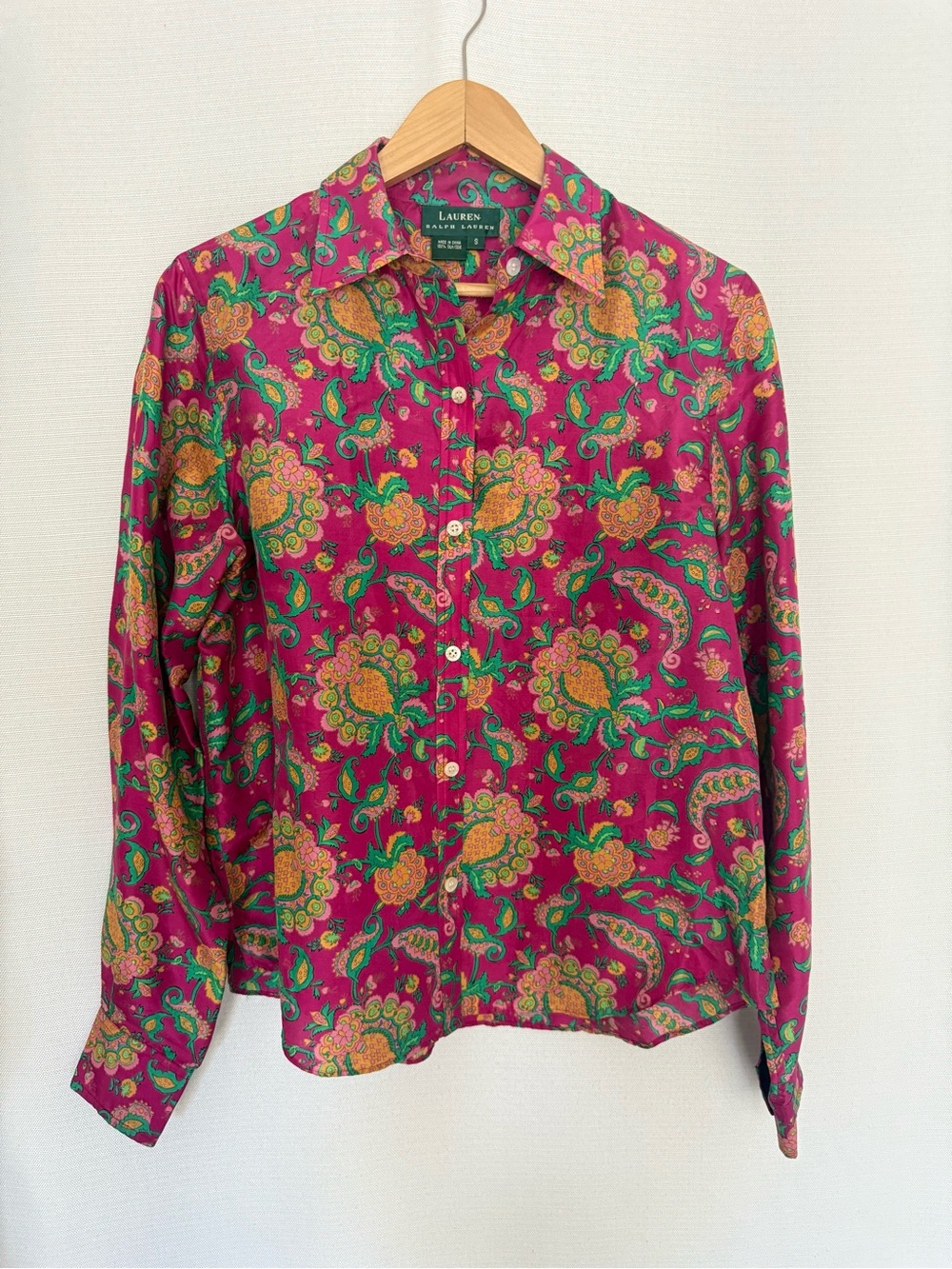 Lauren Ralph Lauren 100% Silk Magenta Pink Paisley Long Sleeve Button Up Top S